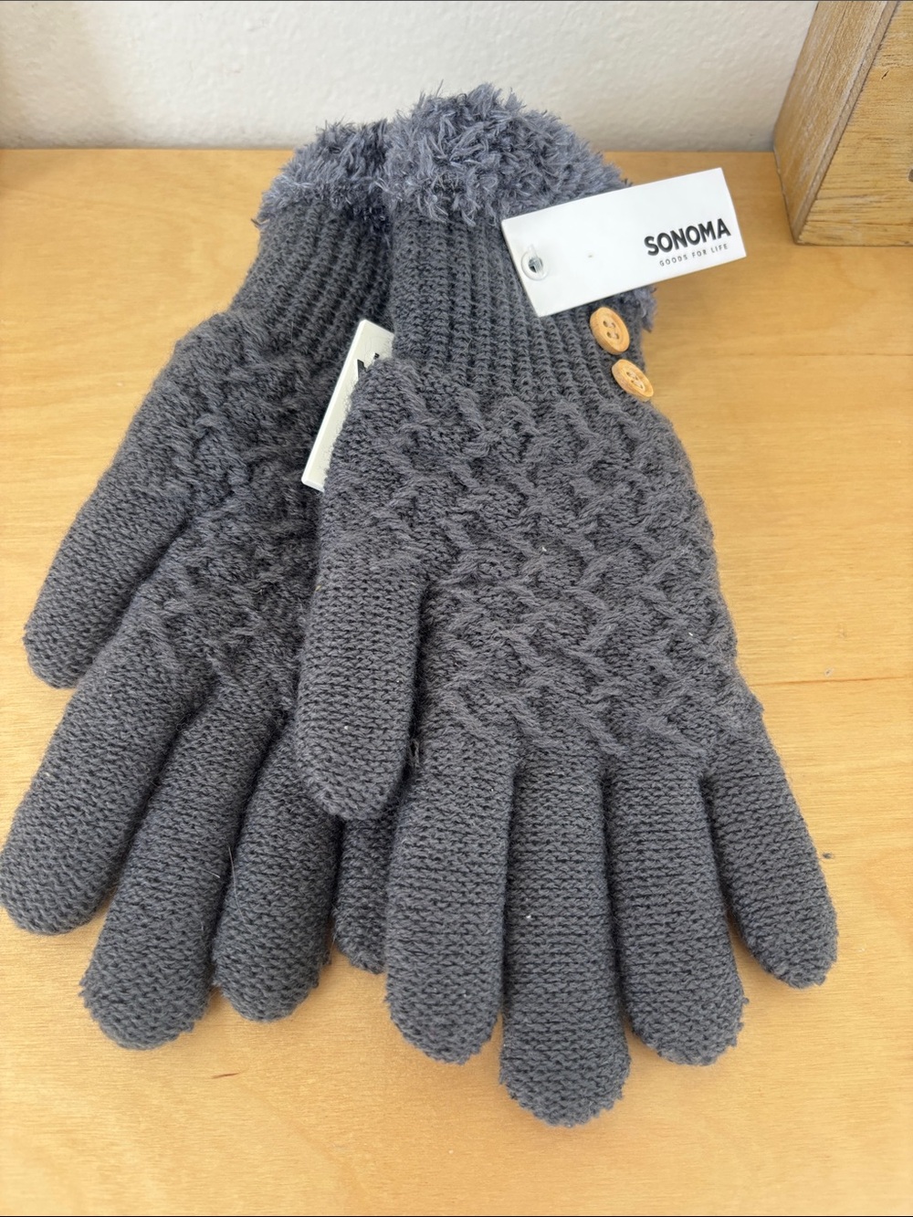 Sonoma Gray Knit Gloves with Pom Cuff and Button Detail NWT